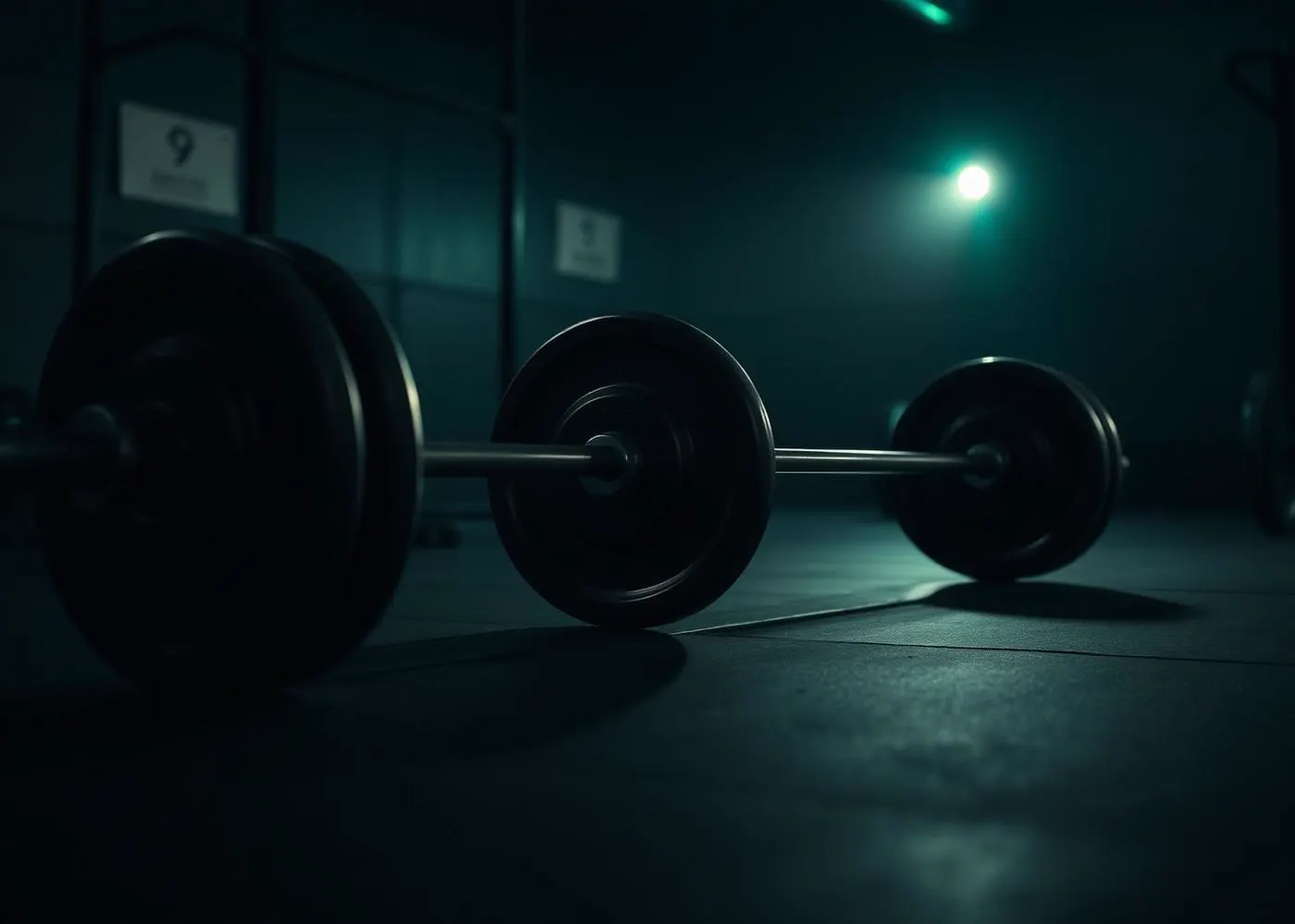 Barra olímpica cargada en el suelo del gimnasio